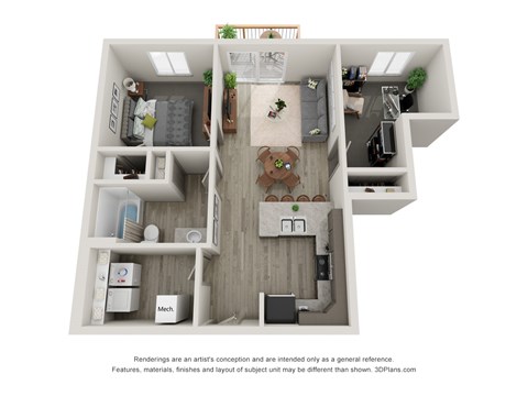 A 3D floor plan of a small apartment with a kitchen, living room, and two bedrooms.